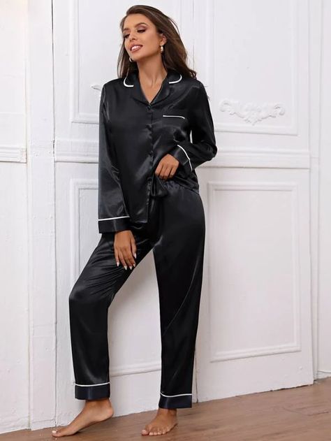 Contrast Binding Button Front Lapel Collar Satin PJ Set | SHEIN USA Womens Loungewear Sets, Satin Pj Set, Pyjama Satin, Satin Long Sleeve, Satin Pyjama Set, Satin Pajamas, Loungewear Sets, Pajama Set Women, Mua Sắm