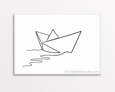 This listing is for instant download of printable one line drawing of a paper boat. You will receive 5 high resolution (300 dpi) files to choose print size and file format: * 1 JPG file, size 8x10 inches * 1 PDF file, size 8x10 inches * 1 JPG file, size 11x14 inches * 1 PDF file, size 11x14 inches * 1 JPG file, size A3 (29,7x42 cm). From this file you can print A4 size as well (21x29,7 cm). After downloading you can print file at home or you can do it with help of local printing shop. For the be Boat Line Art, Simple Tatto, Ship Illustration, Boat Silhouette, Kids Boat, Boat Tattoo, Line Art Printable, Boat Drawing, Modern Kids Room