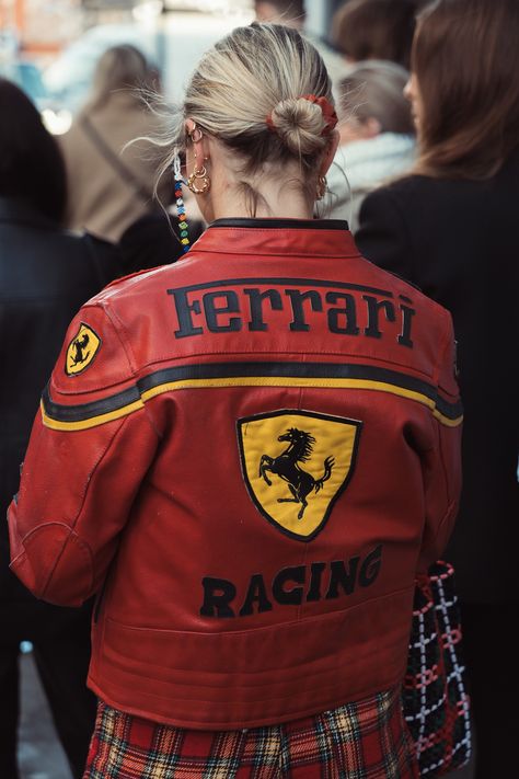 Street Style Shots: London Fashion Week Day 3 – PAUSE Online | Men's Fashion, Street Style, Fashion News & Streetwear Vintage Racing Jacket, Ferrari Jacket, Race Outfit, Ferrari Red, Ferrari Racing, 90s Hip Hop Fashion, Racer Jacket, Racing Jacket, Fitness Bodybuilding