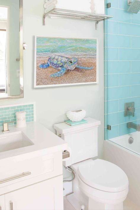 Paper prints or canvas prints of ocean themed art for your bathroom or any coastal themed room. #smallbathroomideas, #bathroomdecor, #bathroomart, #seaturtleart, #babyseaturtle, #beachart, #beachprints, #coastaldecor Turtle Bathroom Ideas, Bathroom Ocean Theme, Blue Green Bathroom, Ocean Theme Bathroom, Turtle Bathroom Decor, Modern Coastal Interior, Ocean Bathroom Decor, Turtle Bathroom, Modern Coastal Interior Design