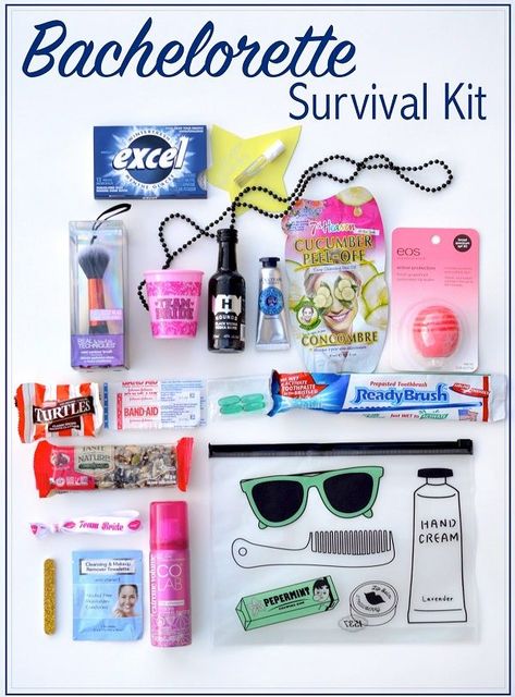 Ideas for how to make a DIY Bachelorette Party Survival Kit! | Classically Contemporary Hens Party Hangover Kit, Bride Survival Kit Bachelorette Parties, Survival Kit Bachelorette Party, Hens Survival Kit, What To Put In A Bachelorette Gift Bag, Bachelorette Party Cruise Ideas, Autumn Bachelorette Party, Bachelorette Hangover Kit Ideas, Bachelorette Party Favours