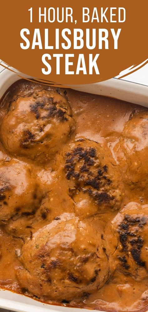 Baked Salisbury Steak, Baked Salisbury Steak Recipe, Turkey Salisbury Steak, Baked Hamburgers, Homemade Salisbury Steak, Hamburger Steak And Gravy, Easy Salisbury Steak, Salisbury Steak Recipe, Slow Cooker Salisbury Steak