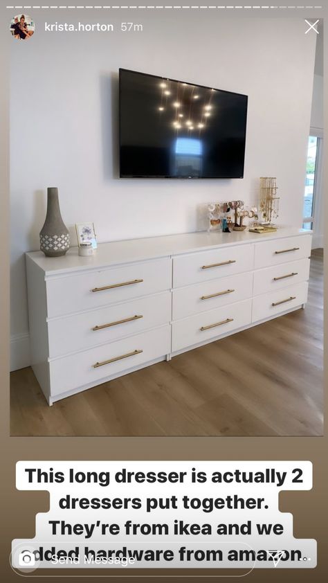 Long Dresser Ikea, Dressers Side By Side Master Bedrooms, Long Dresser Decor Bedroom With Tv, Bedroom Tv Stand Ideas Dressers, Chest Of Drawers Under Tv, Dresser With Tv Mounted Above Bedroom, Ikea Master Room Ideas, Dresser As Tv Stand In Bedroom, Tv Stand Dresser Bedroom