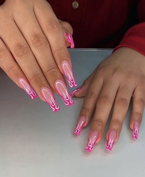 Simple Bougie Nails, Megan Thee Stallion Nail Ideas, January Nail Inspo 2023, Nails Gel X Ideas, Hot Pink Baddie Nails, Nails With Fire Design, Flame French Tip Nails, Pink Nail Designs Almond Shape, Karol G Nails