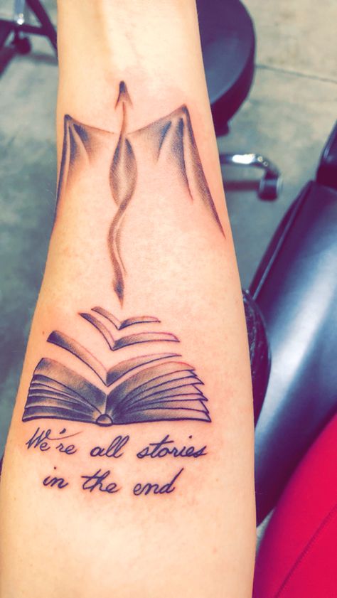 Book Tattoo Half Sleeve, Book On Fire Tattoo, Dragon And Book Tattoo Ideas, Book And Dragon Tattoo, Book Tattoo With Dragon, Book And Dragon Tattoo Ideas, Tattoos For Authors, Fandom Tattoo Ideas, Book Dragon Tattoo For Women