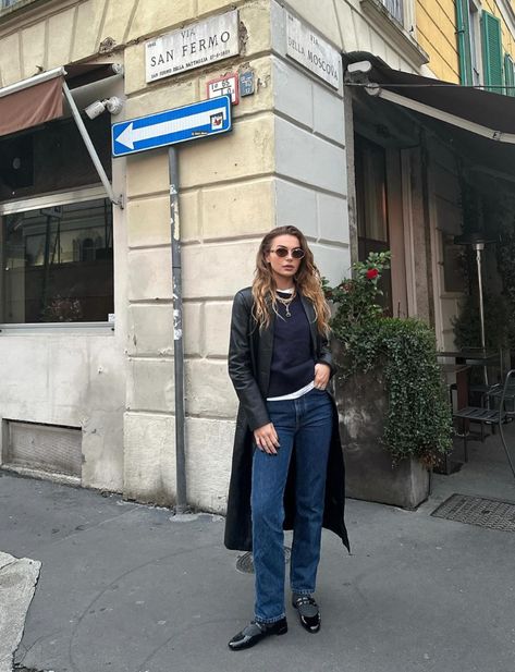 @allegrashaw wearing black christian louboutin mary janes in milan. straight leg jeans. leather trench. jumper. mary jane outfits Jane Outfits, Allegra Shaw, Fashion Weeks, Wearing Black, Straight Jeans, The Fashion, Mary Janes, Straight Leg Jeans, Christian Louboutin