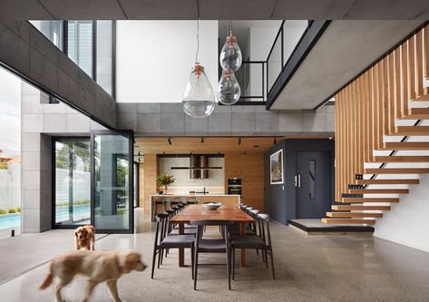 Quarry House - Picture gallery Quarry House, Sand House, Wood Slat Wall, Double Height, Wood Stairs, Terrazzo Flooring, Accent Walls, Architect Design, Bedroom Lighting