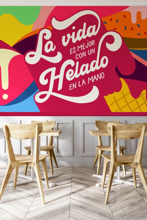 Lettering and mural painting for a ice cream shop.

#lettering #mural #painting #icecream #helado #muralist #graphicdesign #letteringart #painter #designer #heladeria Ice Cream Board Design, Ice Cream Lettering, Heladerias Ideas Decoracion, Ice Cream Shop Wall Design, Ice Cream Shop Signage, Ice Cream Shop Mural, Ice Cream Mural, Ice Cream Murals, Mexican Ice Cream