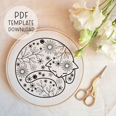 Floral Cat Embroidery Pattern Template Sleeping Cat Embroidery Download Cute Embroideries Pattern Download PDF Embroidery Templates - Etsy Romania Cat Embroidery Pattern, Embroidery Patterns Free Templates, Cute Embroidery Patterns, Cat Embroidery Design, Hand Embroidery Patterns Free, Cat Embroidery, Embroidery Download, Pattern Template, Embroidery Template