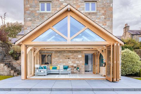 Farmhouse Extension Ideas, 1970 Bungalow, Oak Lean To Extension, Timber Framed Extension, Oak And Glass Extension, Oak Frame Lean To Extension, Oak Framed Garden Room, Oak Frame Garden Room, Oak Orangery Extension