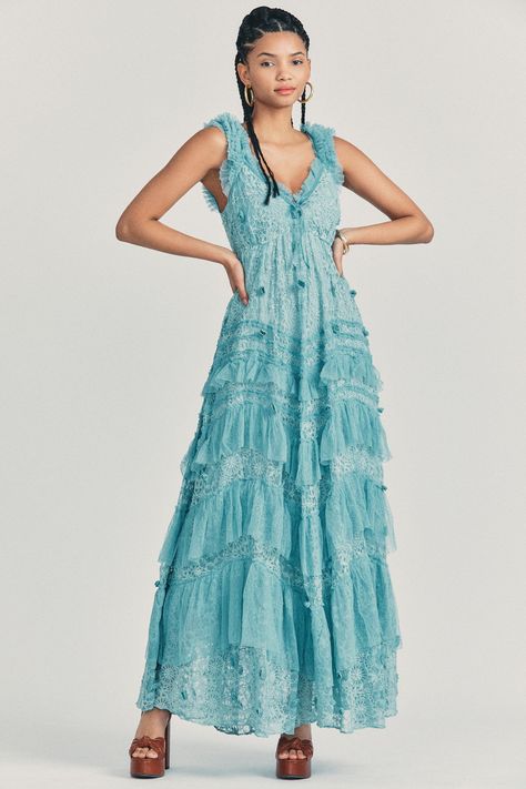 Xena Gown Blue Tiered Chiffon Maxi Dress, Intricate Dress, Blue Tiered Dress With Ruched Details, Blue Floor-length Ruffled Maxi Dress, Blue V-neck Tiered Dress With Ruffle Hem, V-neck Tiered Beach Dress With Ruffle Hem, Velvet Trim, Empire Waist, Floral Fabric