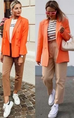 Tangerine Blazer Outfit, Orange Blazer Outfits For Women Casual, Outfits Con Blazer Naranja, Blazer Naranja Outfit Mujer, Orange Blazer Outfits For Women, Coral Blazer Outfit, Orange Jacket Outfit, Orange Blazer Outfits, Red Blazer Outfit