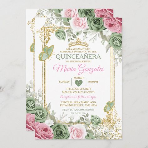 Sage Green QuinceaÃ±era Pink Gold Crown Butterfly Invitation Zazzle Sage Green And Champagne Quinceanera Theme, Sage Green And Silver Quinceanera Theme, Light Green Quince Invitations, Sage Green Enchanted Forest Quince, Sage Green Xv Invitations, Sage Quince Invitations, Sage Quinceanera Invitations, Sage Quince Makeup, Sage Green Tiara