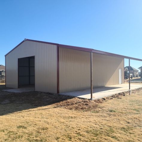 30'x40' metal building. 12' tall. 10' lean to (porch) running down the full length.  Edmond, OK. 30x40 Shop With Lean To, Lean To Porch, Tractor Storage, 30x40 Shop, Storm Shelters, Patio Decks, Big Porch, Building A Pole Barn, Barn Builders