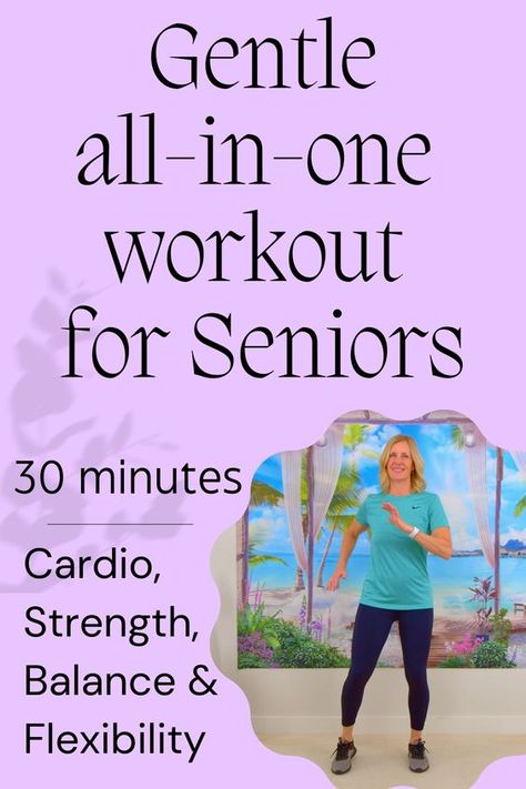 This 30 minute workout includes cardio, strength, balance & flexibility exercises. Perfect for seniors and beginners. Balance Exercises Stability For Seniors, Gentle Exercise, Gentle Workout, Exercises For Seniors, Flexibility Exercises, Yoga For Seniors, Exercises For Women, Basic Workout, Daily Exercise Routines