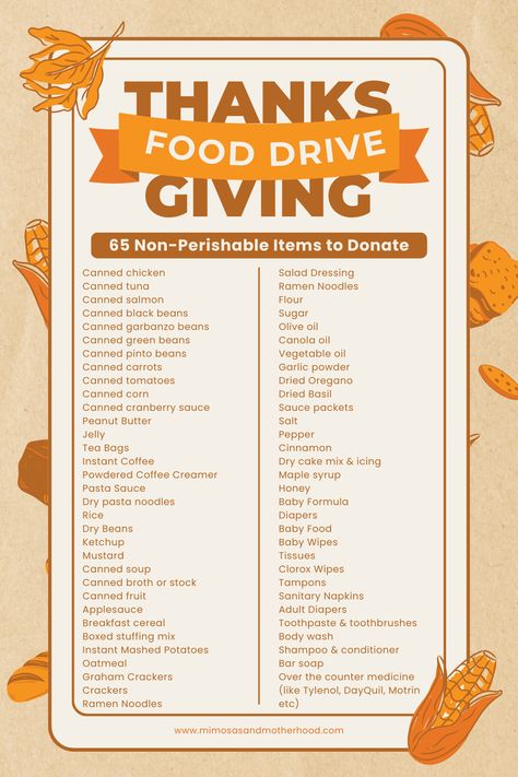 Our family believes in practicing an attitude for gratitude year round. During the holiday season it’s especially important to give back to those in need, and Thanksgiving is a popular time to do just that with a food drive. We’ve compiled this Thanksgiving non perishable foods list to help! Friends Giving Food List, Food Donation Box Ideas Thanksgiving, Non Perishable Foods List, Turkey Box Food Drive, Thanksgiving Food Drive, Dog Safe Thanksgiving Food, Thanksgiving Food List, Canned Food Drive, Non Perishable Foods