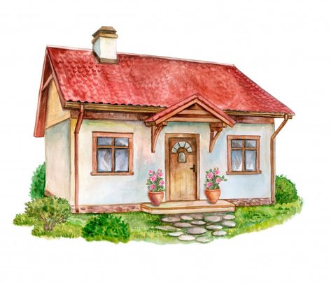 House, cottage with lawn Premium Vector | Premium Vector #Freepik #vector #flower #vintage #tree #wood Nature Scenery Drawing, Cottage Drawing, Scenery Drawing, House Cartoon, Photography Drawing, Scenery Photography, Casa Vintage, Nature Scenery, House Illustration