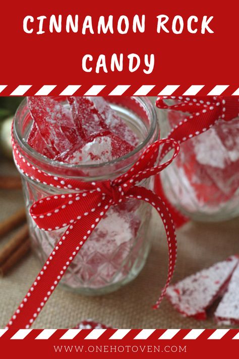 Sweet and spicy this Cinnamon Rock Candy make a great gift for the holidays or set out for a party. A delicious little candy nibble. #onehotoven #candy #cinnamon Cinnamon Rock Candy Recipe, Cinnamon Rock Candy, Hard Rock Candy, Rock Candy Recipe, Cinnamon Hard Candy, Hard Candy Recipes, Cinnamon Candy, Candy Recipes Homemade, Christmas Candy Recipes