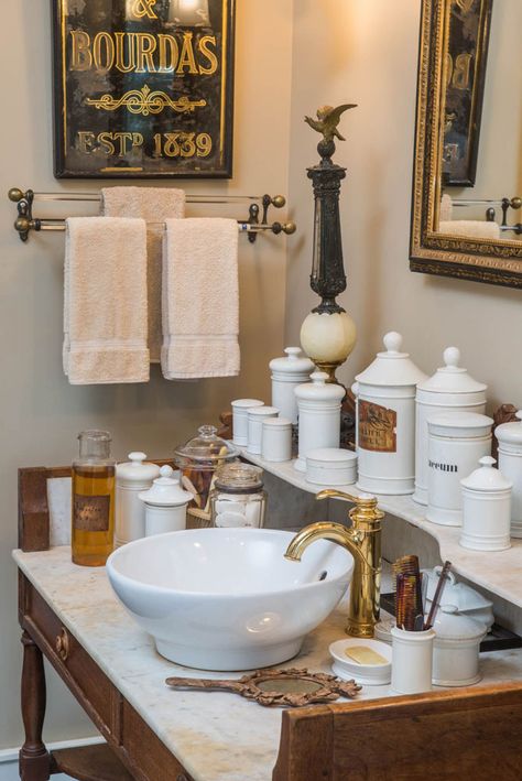 Apothecary Jar Ideas, Apothecary Bathroom, Apothecary Jars Bathroom, Apothecary Jars Decor, Gothic Bathroom, Apothecary Decor, Bathroom Jars, Jar Collection, Sink Decor