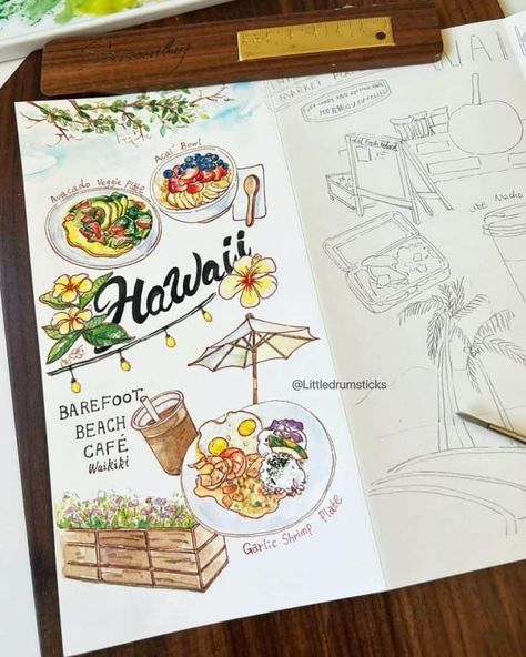 Food is a big part of your trip; it's one of the best ways to experience new cultures if you ask me. So why not create a special page in your travel journal just about food? Hawaii Travel Journal, Veggie Plate, Vacation Hawaii, Travel Sketches, Hawaii Vacation, Hawaii Travel, Travel Art, Painting Art, Travel Journal