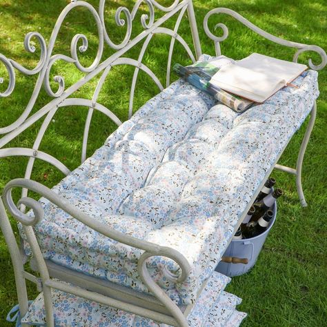 Bench Cushions Outdoor, Floral Bench, Garden Bench Seating, Garden Bench Cushions, Botanical Floral Prints, Pastel Blue Color, Mattress Stitch, Garden Cushions, Outdoor Chair Cushions