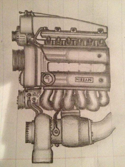 I6 Nissan Single Turbo Sketch Pencil on Paper Drawn by Pablo I. Diaz Mechanic Drawing Sketches, Car Engine Drawing, Car Sketch Pencil, Turbo Drawing, Engine Sketch, Engine Drawing, Mechanics Drawing, Lowrider Drawings, Car Drawing Pencil