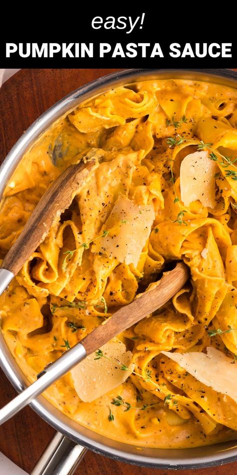 pumpkin pasta in skillet with tongs Pumpkin Spaghetti Sauce, Pasta With Pumpkin Sauce, Tuscany Pumpkin Pasta Sauce Recipes, Easy Pumpkin Pasta, Pumpkin Sausage Pasta, Pumpkin Pasta Sauce Recipe, Pumpkin Drink Recipes, Creamy Pumpkin Pasta Bon Appetit, Amazing Easy Recipes