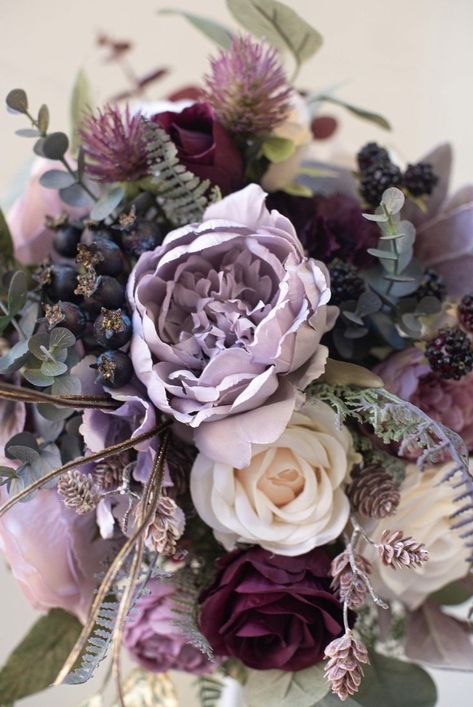 Lavender And Wine Wedding Colors, Plum Floral Arrangements, Purple Burgundy Wedding Flowers, Plum And Wisteria Wedding, Taupe And Purple Wedding, Purple Roses Centerpieces, Plum Wedding Flowers Bride Bouquets, Purple And Burgundy Bouquet, Shades Of Purple Fall Wedding