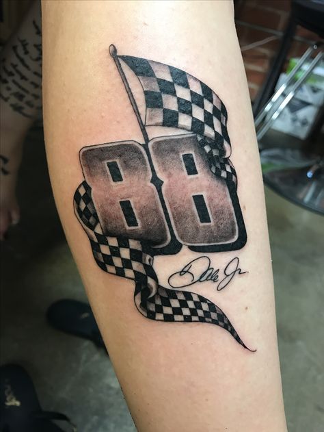 Newest tattoo #dalejr #88 #nascar Racing Flags Tattoo, Racing Memorial Tattoo, Nascar Tattoo Ideas, Checkered Flag Tattoo Women, Race Car Tattoo Ideas, Racing Tattoos For Men Design, Racing Tattoo Design, Racecar Tattoos, Drag Racing Tattoo