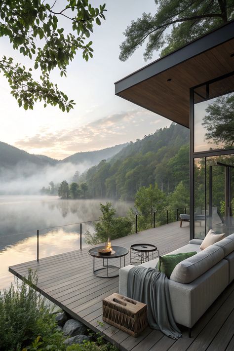 Bask in the beauty of a modern lakeside cabin deck with minimalist furniture, a cozy fire pit, and the peaceful glow of sunrise over a misty lake.  #MorningGlow #LakesideSerenity #CabinDeck #NatureRetreat #MinimalistVibes 🌄☕🌳 Cabin Deck Ideas, Rustic House Ideas, Cottage Glam, Cabin In Woods, Peaceful View, Cozy Fire Pit, Dream Lake House, Dream House Garden, Misty Lake