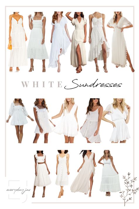 Collage of white summer dresses Beach Dinner Date Outfit, Sundress Dinner Outfit, White Dress For Beach Pictures, Casual White Beach Dress, Beach Night Party Outfit, Beach Dinner Outfit Summer Nights, Night Beach Party Outfit, White Dress Beach Outfit, All White Beach Party Outfit