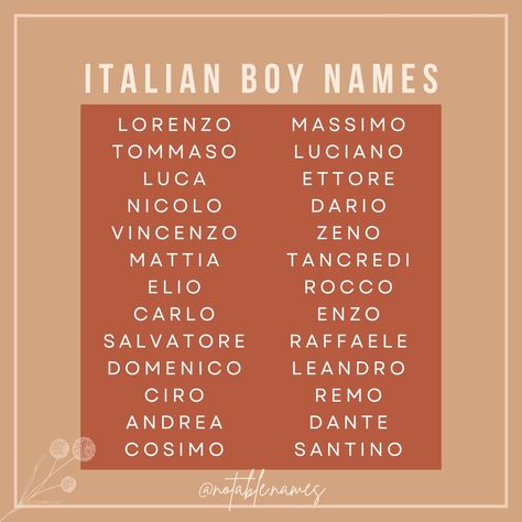 Gosh do I love an Italian name. They sound so melodic, almost always end in a vowel and just feel fantastic when you say them out loud. There's just something about them that feel oh so cool and romantic. The best part is so many names translate well in English speaking countries as well! Italian names are also a great way to nod to your italian heritage and can always be used as a fun middle name too. #boynames #babynames #babynameinspo #babyboynames #babynameideas #babynamesuggestions #b... Rare Italian Names, Italian Male Names, Italian Last Names, Italian Boy Names, Italian Names Boy, Italian Girl Names, Italian Names, Italian Baby Names