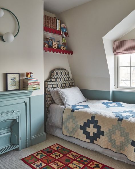 Polly's House, West London — Polly Ashman Design Boy Room Red, Hampton Interior, Dix Blue, Half Painted Walls, Bedroom Victorian, Striped Room, Boy’s Room, Post Box, Blue Rooms