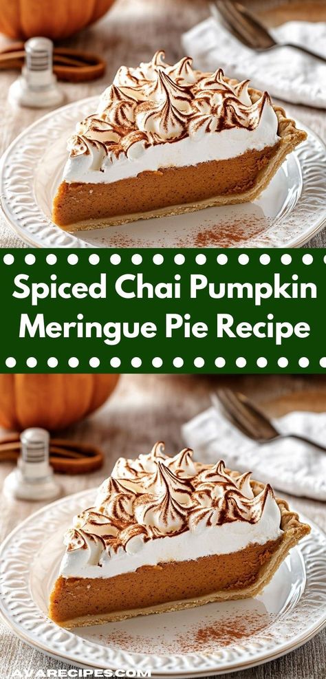 Looking for a quick and delicious holiday recipe? This Spiced Chai Pumpkin Meringue Pie is not only easy to make but also offers a refreshing taste that your loved ones will cherish during festive gatherings. Chai Pumpkin Pie, Pumpkin Meringue, Meringue Topping, Unique Pies, Spiced Chai, Meringue Pie Recipes, Quick Dessert Recipes, Pie Tops, Unique Desserts