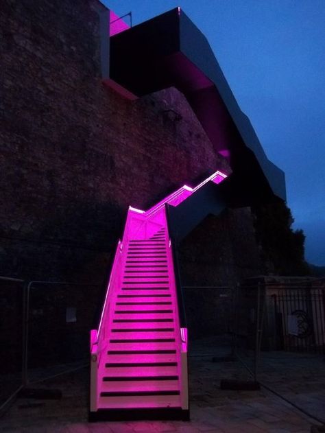 Journey's end............... Staircase Lighting Ideas, Neon Street, Stairs Lighting, Led Stair Lights, Terrace Building, Stairway Lighting, Stair Lights, Architectural Lighting Design, Facade Lighting