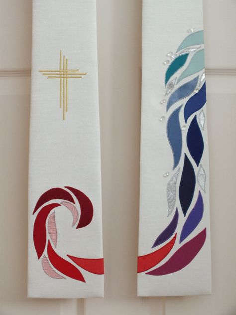 white stole. water into wine, baptism and shed blood Confirmation Stole Ideas, Stole Designs, Stole Ideas, Liturgical Stoles, Painted Warp, Church Banners Designs, Priest Stole, White Stole, Baptism Banner