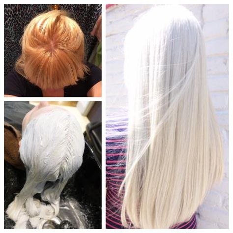 Elie Espinoza (@styledbyElie) of Red door Spa, Bethesda MD says this her new client arrived with orange hair and roots. Here Espinoza shares the details on this beautiful transformation: Step 1: To the root apply Wella Blondor with 30 volume developer (with a splash of 40 volume) for 40 minutes. Icy Blonde Hair, White Hair Color, White Blonde Hair, Hair Color Formulas, Hair Color Chart, Icy Blonde, Platinum Hair, Ombré Hair, White Blonde