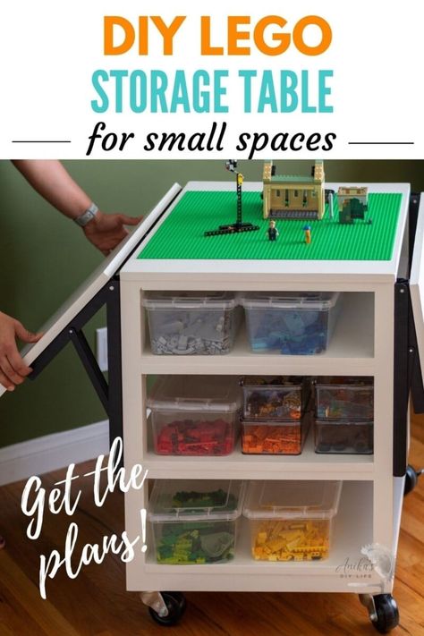 DIY Lego table with storage for small spaces. Perfect for older kids. Full tutorial, plans and video! #anikasdiylife Lego Storage Table For Older Kids, Lego Table Small Spaces, Small Lego Play Area, Diy Lego Tray With Storage, Foldable Lego Table, Small Space Lego Storage, Folding Lego Table, Small Lego Table, Homemade Lego Table