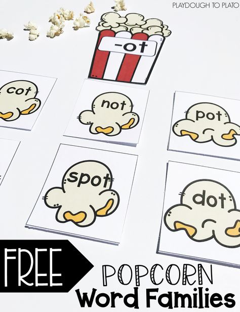 Dr. Suess, Popcorn Words, Kindergarten Word Families, Word Games For Kids, Word Family Activities, Free Popcorn, Literacy Worksheets, Kindergarten Ela, Practice Reading