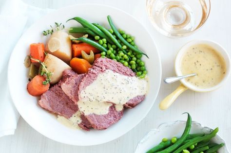 This tender corned silverside from taste member, 'wickerdude' is served with tangy mustard sauce. Corned Silverside Slow Cooker, Silverside Slow Cooker, Silverside Recipe, Corned Silverside, Spaghetti With Ground Beef, Crockpot Recipes Beef, Mustard Sauce, Slow Cooker Dinner, Slow Cook