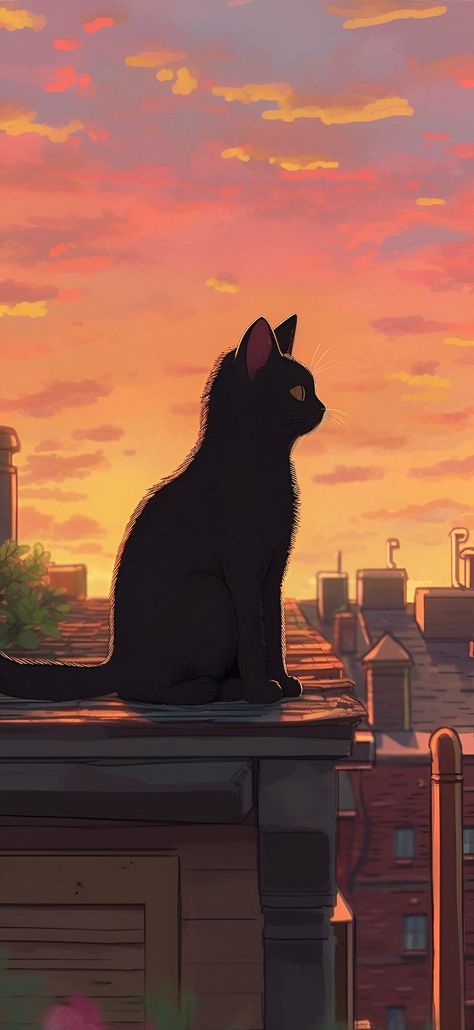 Cat Lofi Aesthetic Wallpaper, Black Cat Poster Aesthetic, Lofi Cat Aesthetic, Iphone Wallpaper Aesthetic Cat, This Wallpaper Is Not Available Black, Cat Home Screen Ideas, Black Cat Anime Wallpaper, Black Cat Art Aesthetic, Tuxedo Cat Aesthetic Wallpaper