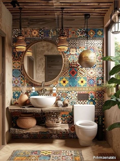 Costa Rica Bathroom Ideas, Small Turkish Bathroom Ideas, Spanish Bathroom Hacienda Style Mexican Tiles, Mixed Tile Bathroom Wall, Bathroom Mixed Tiles, Decorated Ceilings Ideas, Round Mirror On Wall, Mirror Tiles Bathroom, Decorated Bathroom