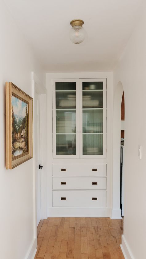 THE LINEN CUPBOARD: ALL THE DETAILS - Willow Root Collective End Of Hallway Cabinet Built Ins, Linen Closet Ideas, End Of Hallway, Closet Conversion, Linen Closet Makeover, Bathroom Linen Closet, Glass Closet, Hallway Closet, Closet Built Ins