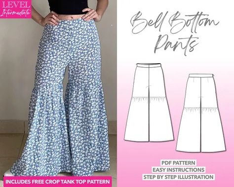 PatternsForLessShop - Etsy Bell Bottoms Pattern, Bell Bottom Pants Pattern, Diy Bell Bottoms, Women Sewing, Women's Sewing Pattern, Elephant Pants, Pants Sewing, Tank Top Pattern, Sewing Instructions