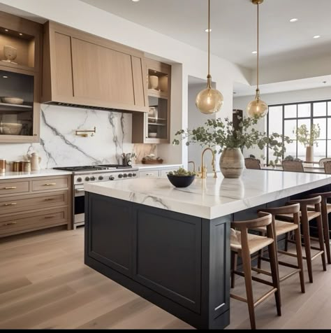 Dark Kitchen Cabinets With Open Shelving, Contemporary Kitchen Styling, Kitchen Inspo Aesthetic Modern, Light Wood Kitchen Cabinets Black Island, Dark Transitional Kitchen, Organic Modern Mountain Home, Neutral Kitchen Remodel, Organic Modern Kitchen Remodel, Contemporary Transitional Kitchen