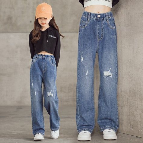 Ripped Pants, Kids Garments, Denim Jeans Ripped, Fashion Jeans, Kids Denim, Pants Blue, Trouser Style, Girls Denim, Straight Leg Denim