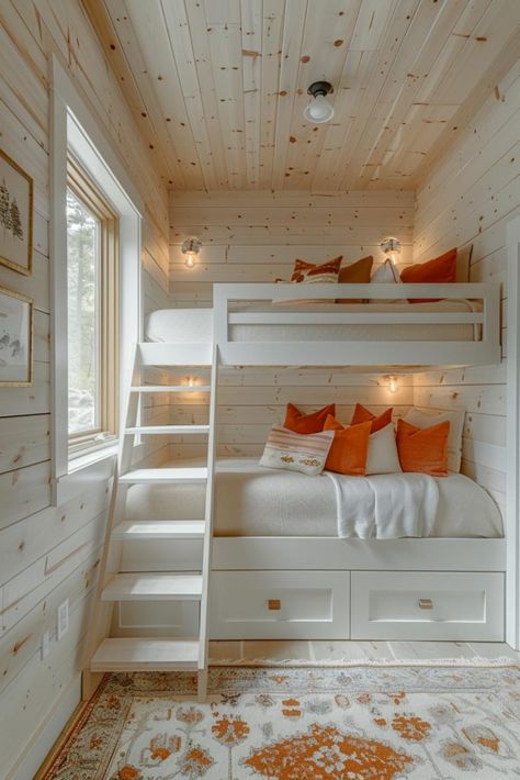 40 Bunk Room Ideas: Designs for Fun, Space-Saving Solutions Girls Room Organization, Coastal Chic Decor, Bunk Room Ideas, Bunk Bed Rooms, Next Bedroom, Cottage Bed, Built In Bed, House Redesign, Bunk Rooms