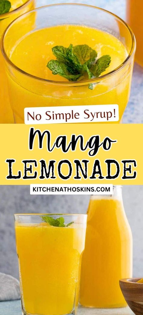 Learn how to make homemade mango lemonade recipe without simple syrup and with fresh mangoes. This non alcoholic summer drink is perfect for kids or for a party. Get the easy mango lemonade recipe at kitchenathoskins.com. Yummy Summer Drinks Non Alcoholic, Fruit Drinks Non Alcoholic, Pretty Lemonade, Lemonade With Lemon Juice, Mango Lemonade Recipe, Drinks Nonalcoholic, Mango Drink, Mango Recipe, Hot Honey Chicken