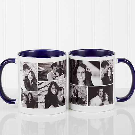 Personalize with 8 precious photos and we will create a photo collage to be wrapped around the mug 11 oz. Ceramic Coffee Mug features classic mug shape and stands 3 3/4" tallFeatures BLUE handle, rim and inside, white outsideMicrowave safe; dishwasher safeNote: Space next to handle will remain whiteImported Start your morning off being reminded of your sweetie - their favorite face will be custom personalized on a coffee mug made especially for the both of you! Our Create A Photo Collage Pe Horizontal Photos, Photo Cup, Photo On Mug, Custom Photo Mugs, Gift Inspo, Customised Mugs, Personalized Coffee Mugs, Custom Coffee, Tea Rituals