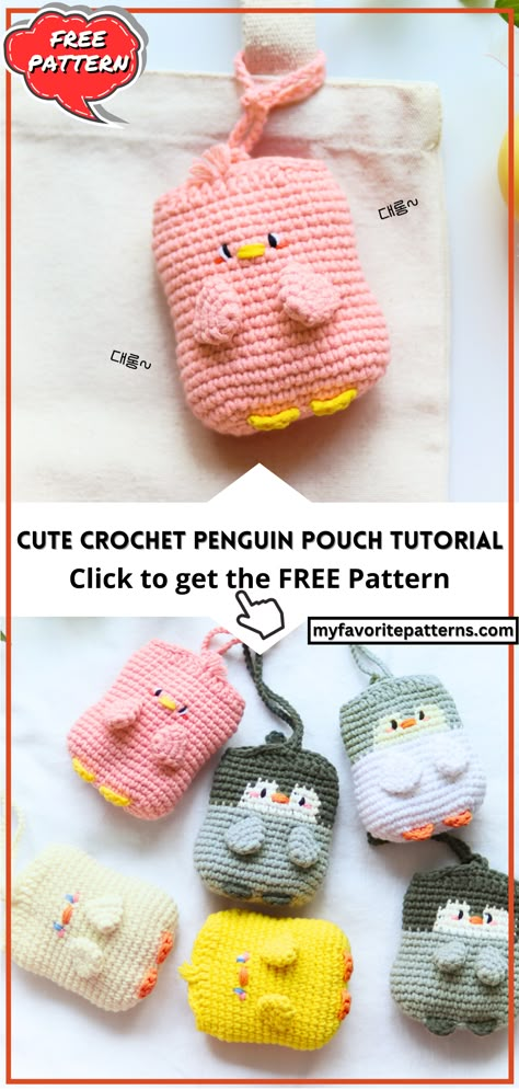 Cute Crochet Penguin Pouch Tutorial Crochet Money Pouch, Crochet Animal Pouch Free Pattern, Cute Pouch Crochet, Personal Pouch Crochet, Crochet Tiny Pouch, Small Crochet Pouch, Crochet Mini Pouch Coin Purses, Cute Pouches, Crochet Pouches